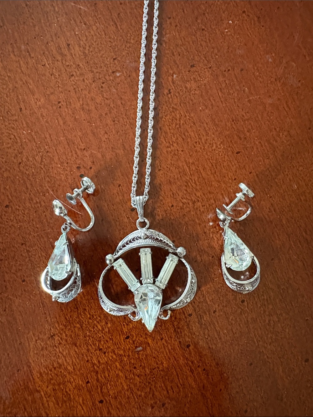 Vintage matching set necklace and screw back earrings marked sterling